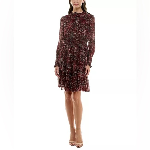 TAYLOR Black Maroon Print Long Sleeve Chiffon Smocked Waist Mini Dress Size 8 - Picture 1 of 10